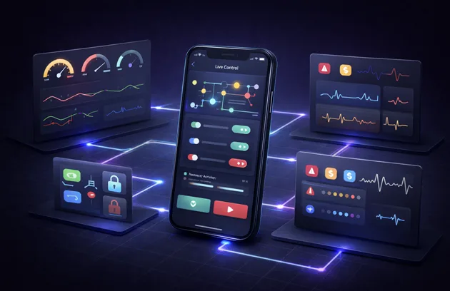 Smartphone mit „Live Control“-Dashboard auf dunklem, leuchtendem Grid; umgeben von Panels mit Metriken, Alarmen und Sicherheits-Symbolen zur Systemüberwachung und Steuerung.
