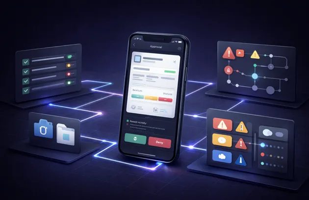 Smartphone mit „Approval“-UI auf dunklem, leuchtendem Grid; daneben Panels mit Warnsymbolen und Systemstatus, die einen Freigabe-/Incident-Workflow darstellen.