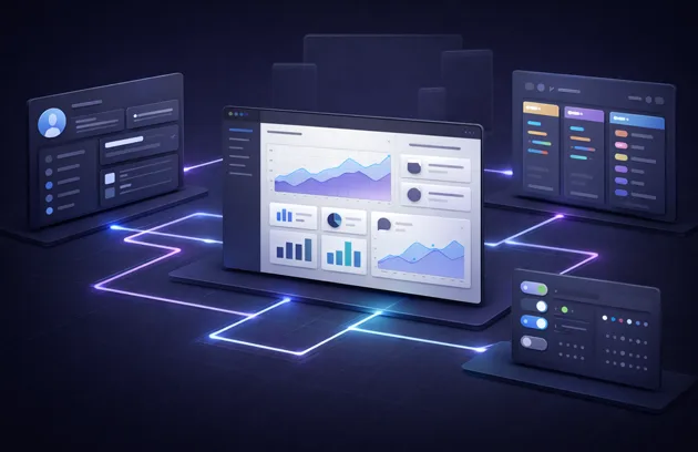Isometrische Illustration eines Analyse-Dashboards: großer Bildschirm mit Diagrammen und KPIs, umgeben von weiteren UI-Panels, verbunden durch leuchtende Linien auf einem digitalen Grid.