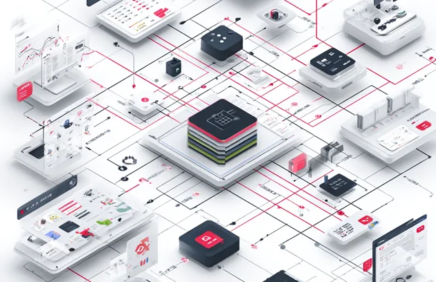 Ein modernes Custom-Software-Ökosystem, visualisiert mit miteinander vernetzten Web-Apps, Mobile-Apps und Backend-Services. Abstrakte API-Verbindungen zwischen ERP-, CRM- und Automatisierungssystemen. Klare Enterprise-UI, minimalistisch im Schweizer Stil, neutrale Farbwelt, hochwertige Technologie-Illustration, ohne Personen.