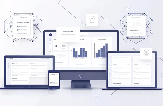 Ein modernes B2B-Kunden- und Partnerportal-Dashboard, dargestellt auf mehreren Geräten (Desktop, Tablet, Smartphone), mit rollenbasiertem Zugriff, Workflow-Freigaben, Dokumentenaustausch, Analyse-Dashboards sowie einer sicheren Login-Oberfläche.