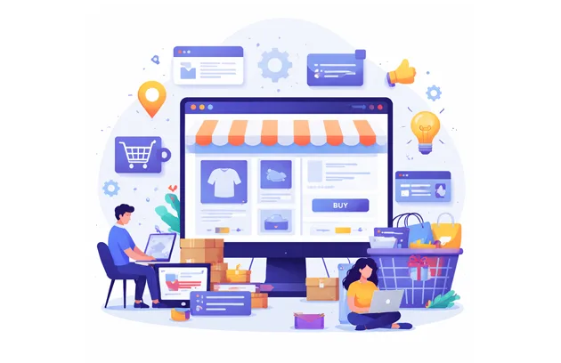 Moderne Illustration zur E-Commerce-Entwicklung mit Online-Shop-Oberfläche, Warenkorb, Produktkatalog, Zahlungs- und Versandprozessen sowie Cloud- und API-Integration.
