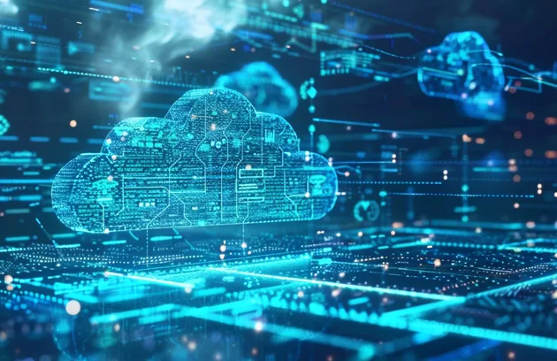 Modernisierung von Legacy-Software im Enterprise, altes monolithisches Mainframe-System wandelt sich zu cloud-nativen Microservices auf Kubernetes, Datenmigration + APIs + CI/CD-Automation, sichere Hybrid-Cloud, saubere futuristische Business-Illustration