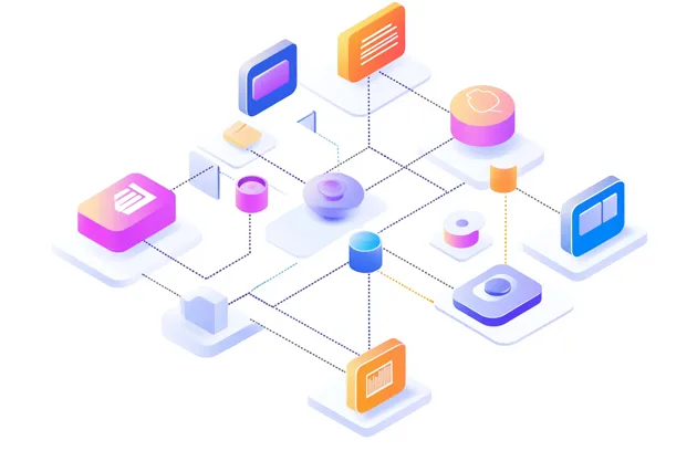 Isometrische Illustration eines vernetzten Systems: farbige App-/Daten-Module (Karten, Zylinder, Diagramm- und Nachrichten-Icons) sind über gestrichelte Linien zu einem Workflow verbunden.