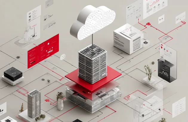 Eine moderne SaaS-Plattform-Architektur, visualisiert mit Cloud-Infrastruktur, Multi-Tenant-Schichten, Abonnement-Dashboards und API-Verbindungen. Klare Enterprise-Interface-Elemente, minimalistisches Design im Schweizer Stil, neutrale Farben, hochwertige Technologie-Illustration, ohne Personen.