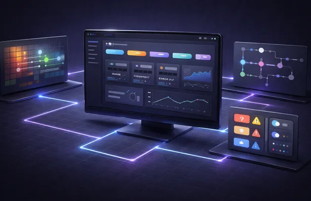 Dunkles Monitoring-Dashboard auf einem Monitor: KPIs, Statuskarten und Liniendiagramme werden auf einer leuchtenden Grid-Fläche dargestellt, flankiert von weiteren UI-Widgets.